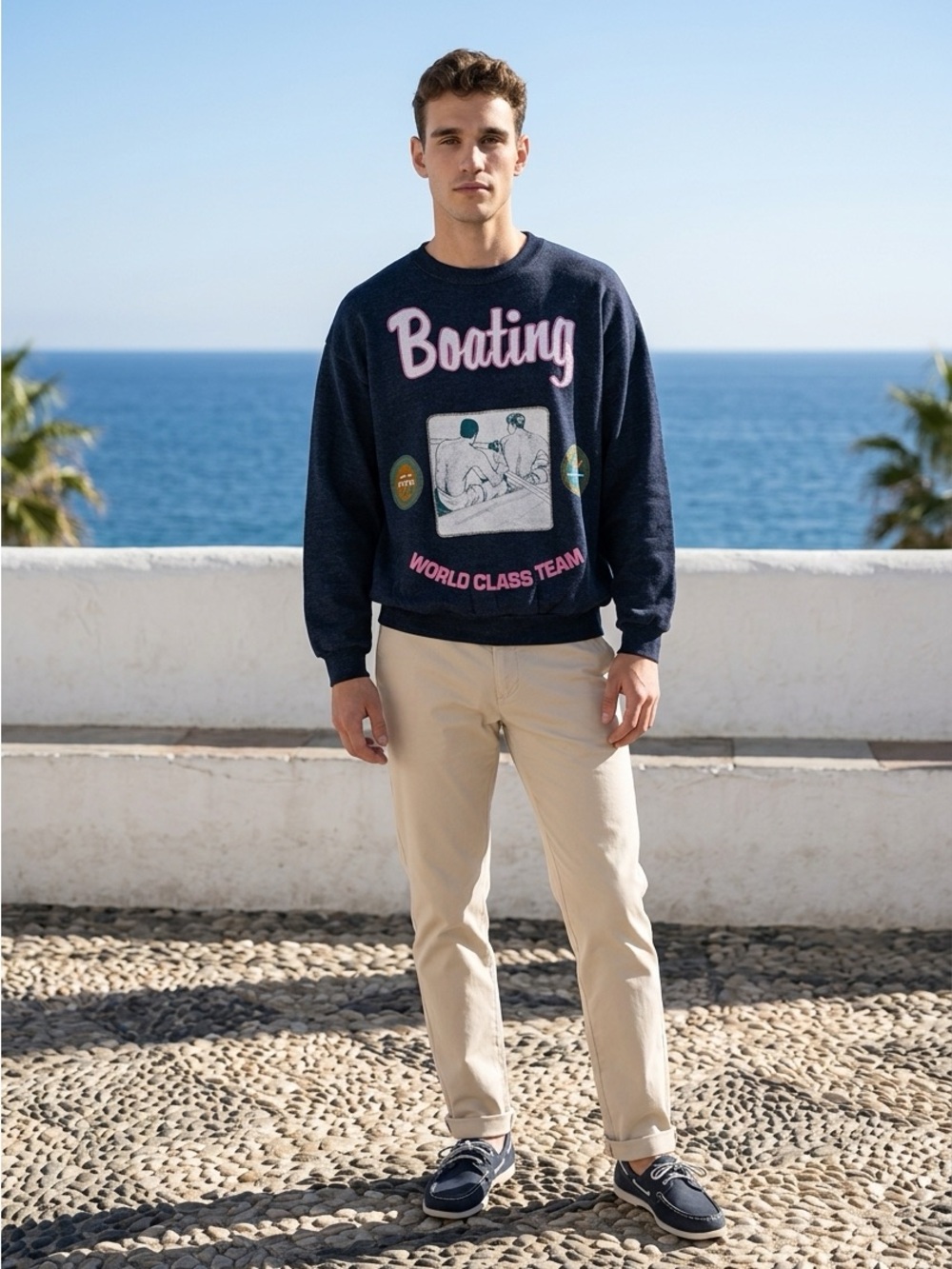 Vintage Men’s Large"Boating World Class Team" Graphic Crewneck Sweatshirt Navy